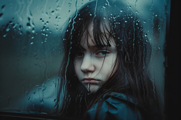 Kindheitstränen im Regen: Kleines Mädchen in der Trostlosigkeit eines regnerischen Tages