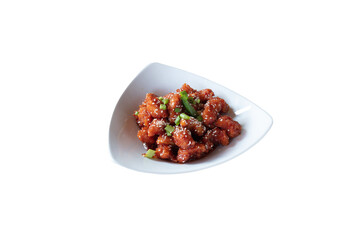 chicken with sauce on white background