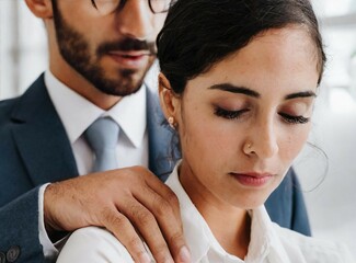 Sexual harassment at workplace. Boss touching/giving massage to his female colleague in office.