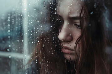 Kindheitstränen im Regen: Kleines Mädchen in der Trostlosigkeit eines regnerischen Tages - obrazy, fototapety, plakaty