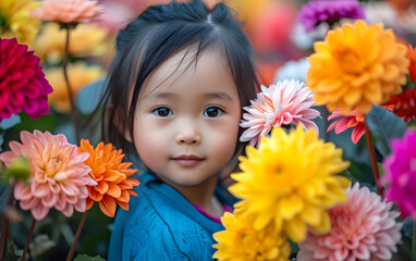 Asian Girl with Flower in a Garden