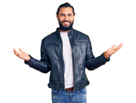 Young arab man wearing casual leather jacket smiling showing both hands open palms, presenting and advertising comparison and balance