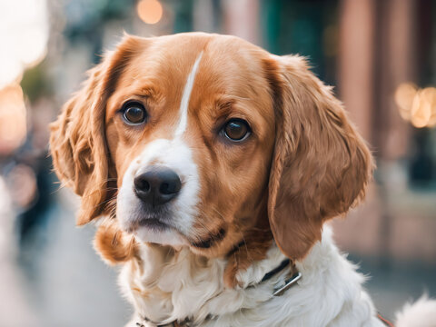 Close-up portrait of a beagle dog in the city.