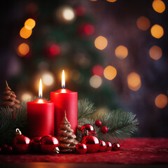 Obraz na płótnie Canvas Lit red candles with decorated Christmas tree on background with copy space created with Generative Ai