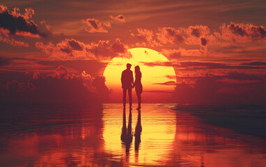 Couple Standing on the Beach During a Beautiful Sunset