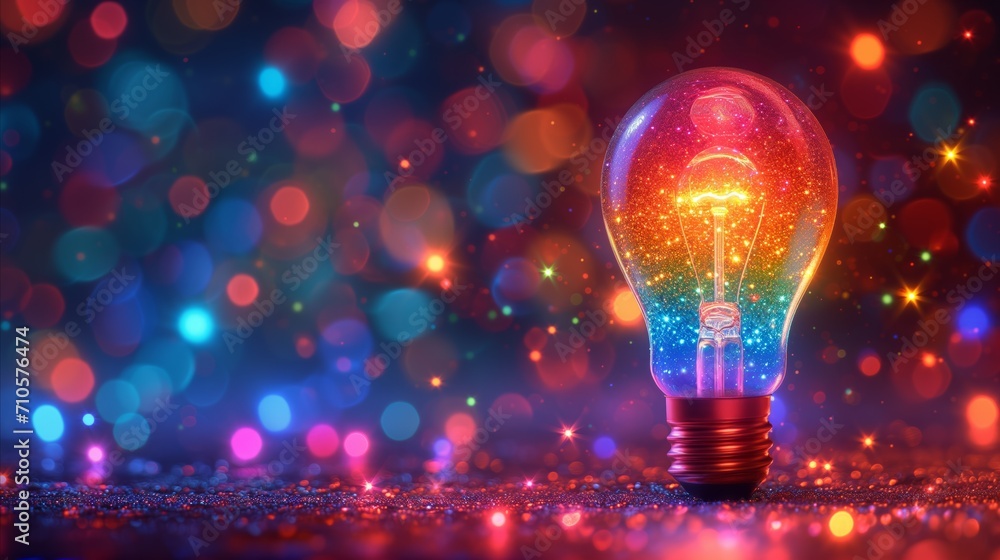 Poster illuminated light bulb with glittering colored bokeh background