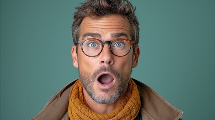 Surprised adult man with glasses expressing amazement on teal background