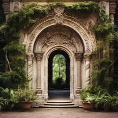 Entrance to an old building with a stone arch in the garden