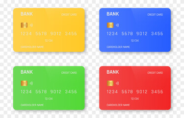 Vector credit card mockup png. Bank cards with multi-colored designs. Plastic card png. - obrazy, fototapety, plakaty