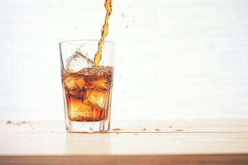 cola pouring over ice cubes in a glass cup