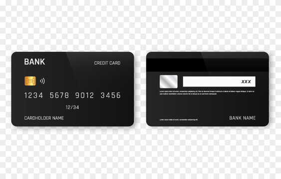 Vector credit card mockup png. Bank black card on both sides. Plastic card png.