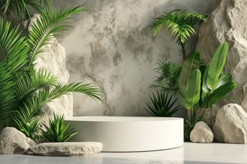 Contemporary White Podium Stage Shelf with Rock Green and green Background. Generative AI