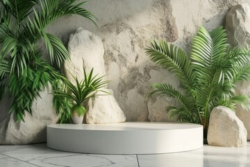Contemporary White Podium Stage Shelf with Rock Green and green Background. Generative AI