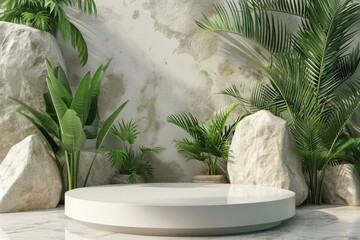 Contemporary White Podium Stage Shelf with Rock Green and green Background. Generative AI