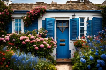 Obraz premium A cozy seaside home with a blue door and shuttered windows, nestled amidst a garden of vibrant blooms and offering glimpses of the sea beyond.