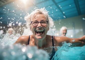 Elderly women find joy in aqua gym, staying active and healthy. - obrazy, fototapety, plakaty
