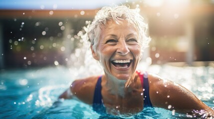 Elderly women find joy in aqua gym, staying active and healthy. - obrazy, fototapety, plakaty