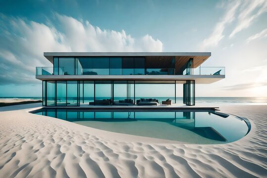 A minimalist beach house with sleek lines and panoramic windows, blending seamlessly with the sandy landscape and offering a view of dolphins at play.