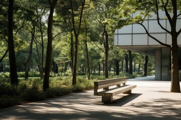 Bench in the park with trees in the background, Shanghai, China