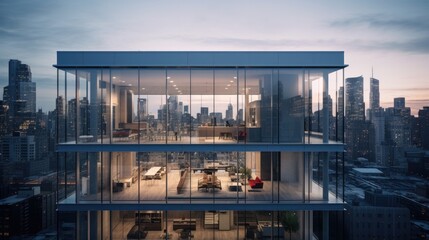 3d rendering of a modern office building with glass facade and city view