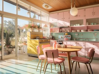 interior of a modern kitchen with pink and yellow furniture. 3d render