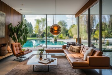 Luxury living room with swimming pool and orange sofa. Nobody inside