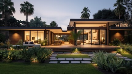 Fototapeta premium 3d rendering of modern cozy house with pool and parking for sale or rent in luxurious style and beautiful landscaping on background. Clear summer night with many stars on the sky.