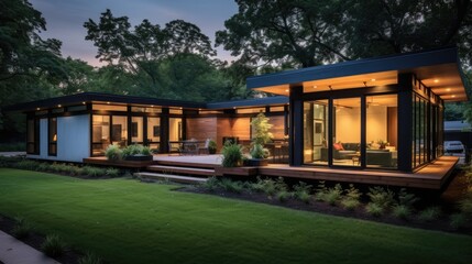 3d rendering of modern cozy house with parking and pool for sale or rent with wood plank facade.