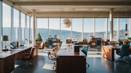 Luxury hotel lobby interior with panoramic view of the mountains