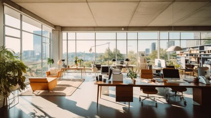 Modern office interior with large windows, panoramic city view.