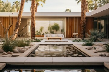 Luxury villa with swimming pool and palm trees in the background