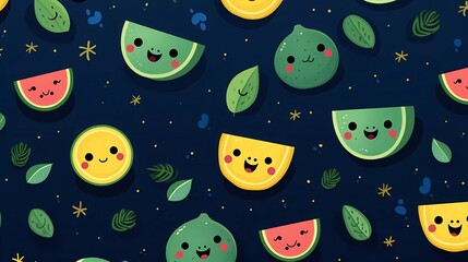 cute fruit pattern smiling watermelon on dark blue background. generative ai