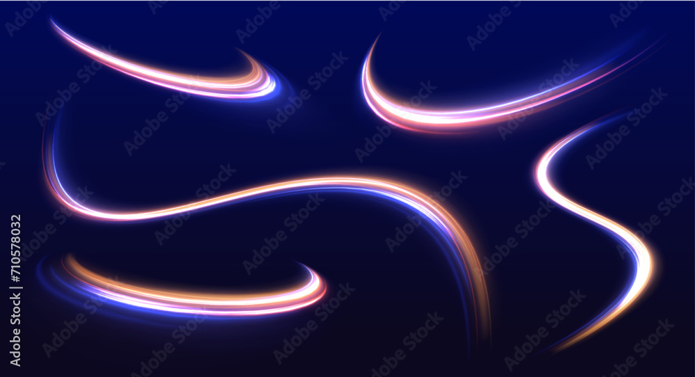 Poster big set of neon speeds in the form of a road of different light colors. rotating dynamic neon circle