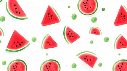 cute fruit pattern smiling watermelon on white background. generative ai - obrazy, fototapety, plakaty