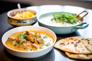 lamb korma in a ceramic dish, yogurt dollop, with naan on the side