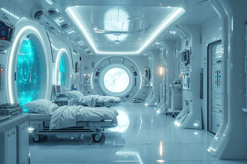 A futuristic alien hospital with advanced medical technology.