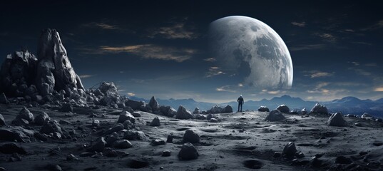 Stunning astronaut in spacesuit standing on the moon with earth in the mesmerizing space background