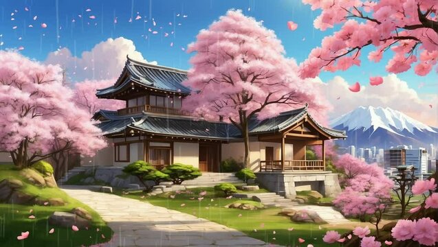 Japanese house in spring. Scattered cherry blossoms. Cartoon and anime vector painting illustration hand drawn style. Looping video 4k with animation background.