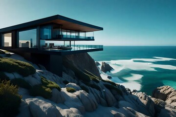A modernist beach house perched on cliffs, its sleek lines harmonizing with the rugged landscape, offering panoramic views of crashing waves.