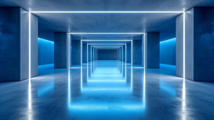Futuristic blue illuminated corridor with reflective surface and geometric design