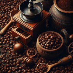 Coffee grinder and coffee beans on a wooden background.