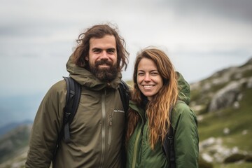 portrait of two people standing in a mountain outdoors