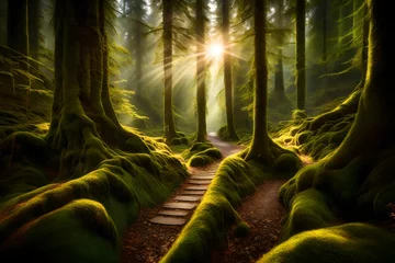  Sunlight filtering through a dense Bavarian forest onto a tranquil, moss-covered pathway leading to unknown depths. © Nature