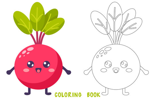 Coloring book of groovy cartoon cute radish. Happy cute vegetable character with plant with smiling face, graphic elements isolated collection. Vector food illustration.