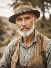 Fototapeta premium Portrait of a senior man wearing a cowboy hat in the countryside