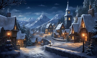 Snowy village with illuminated windows on a cold winter night. Generative Ai

