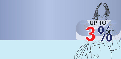 create an enticing banner for a 3 percent discount on a product or service, illustration shopping girl lineart design