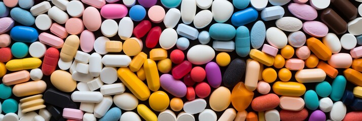 Assorted pharmacy pills in vibrant colors, massive pile on white background   medical concept - obrazy, fototapety, plakaty