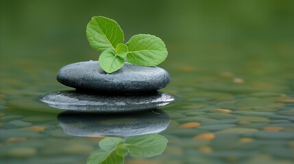 Zen-like balance. Green leaves on smooth stones with reflective water background