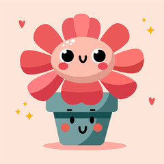 Groovy cartoon flower. Happy cute red flower in green pot, cool spring mascot and retro flower character. Green lawn or garden with plant with smiling face, flower graphic element isolated collection.